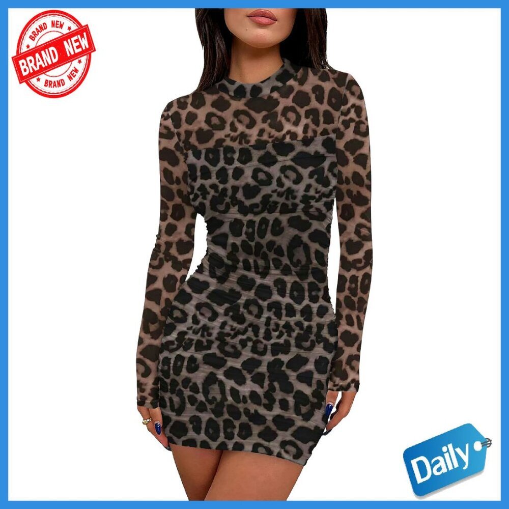 Mesh Sheer Long Sleeve Bodycon Mini Dress Ruched Mock Neck Party